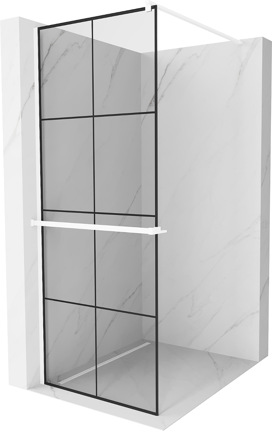 Mexen Kioto+ ścianka prysznicowa z półką Walk-in 90 x 200 cm, czarna kratka, biała - 800-090-121-20-77